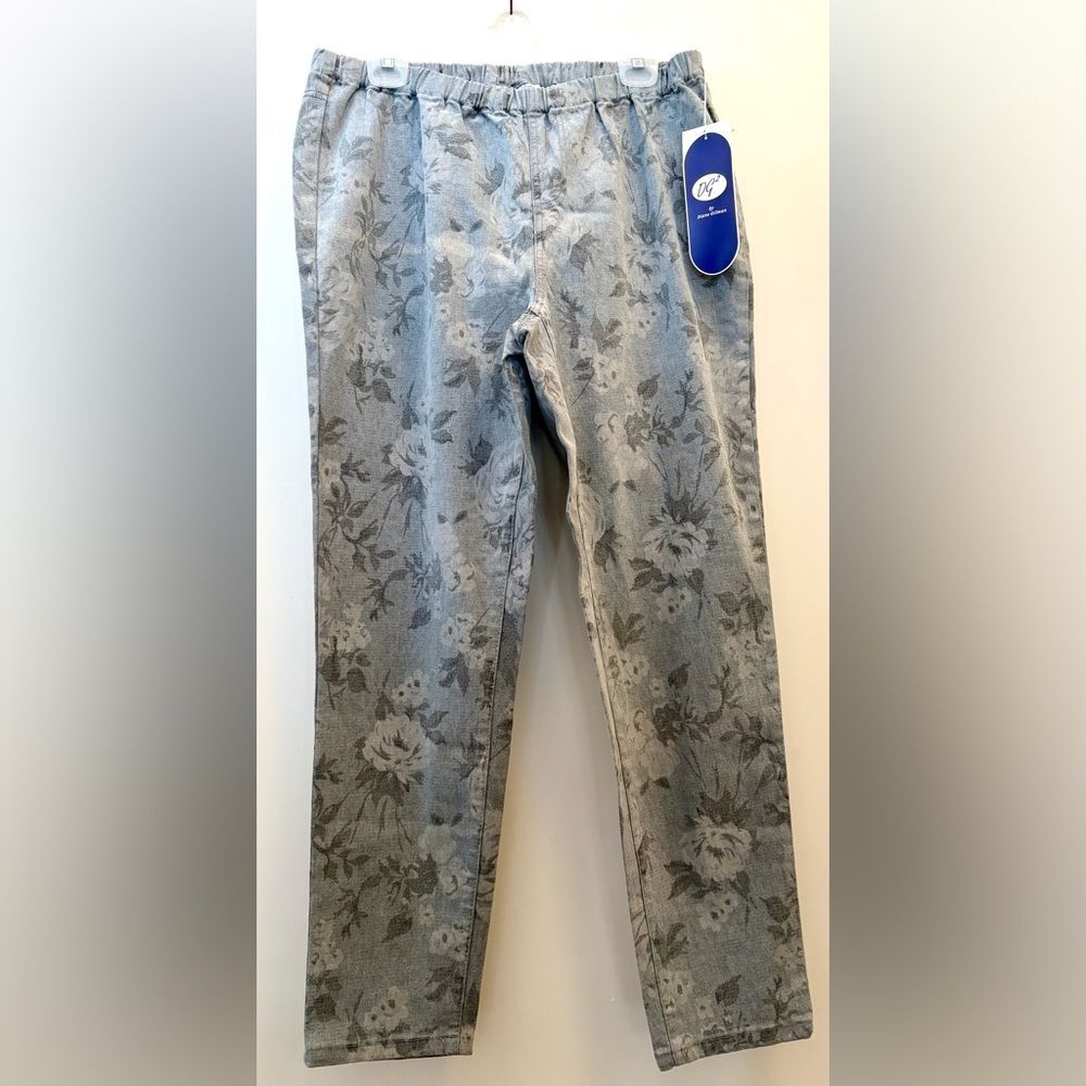 NWT + Ladies Diane Gilman Gray Floral Elastic Waist Ramie Stretch Pants Size 1X